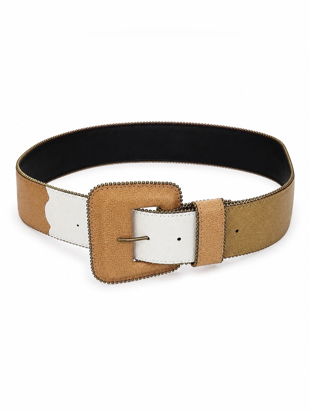Vintage Sandy Duftler Designs 1999 Wide Leather Statement Belt Tan White Olive - Picture 2 of 10